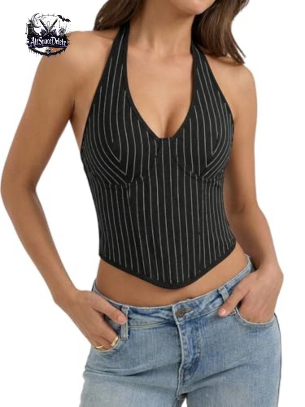 Halter Corset Bustier Top Women Y2K Pinstripe Crop Vest Deep V Neck